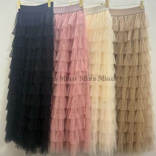 半身裙超仙女公主纱裙子 高腰A字长款 时尚 女裙重工烫钻网纱裙女装