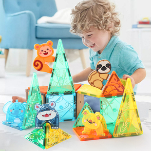 科博动物磁力片森林拼图彩窗吸铁石玩具儿童拼装 积木卡通2岁宝宝4
