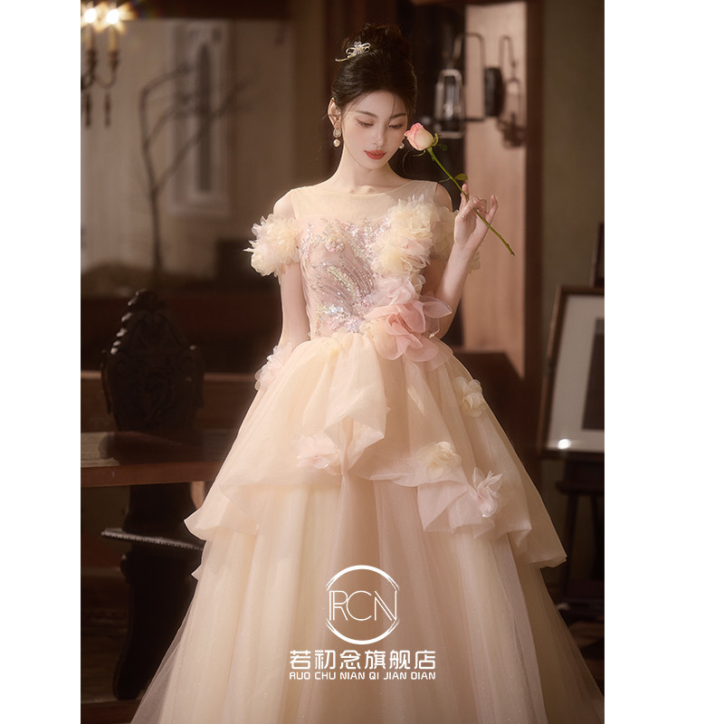 香槟色花朵主持人晚礼服裙18岁生日高中生女孩成人礼敬酒订婚晨袍图片