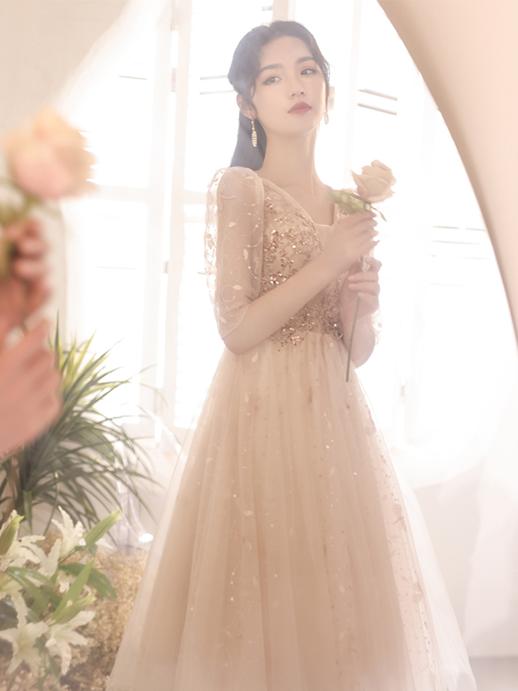  Champagne color long style [five -point sleeve]+S   - $6.29 