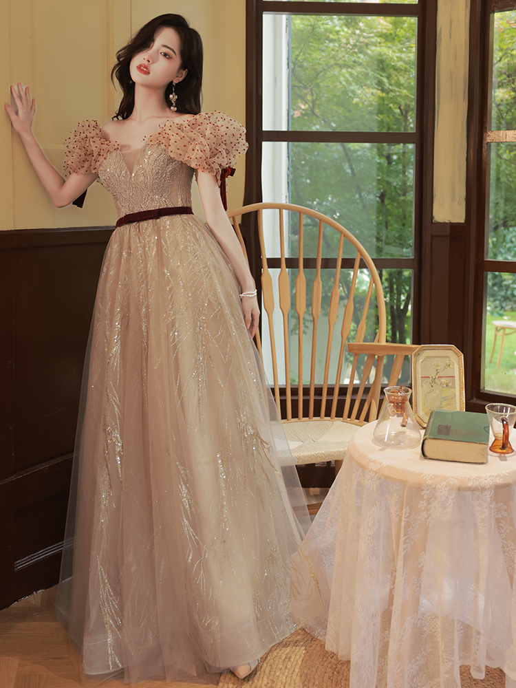  Long, champagne color, open shoulders+S   - $4.72 