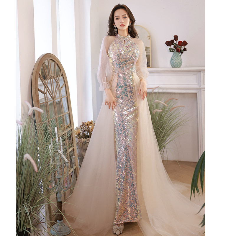 人鱼姬晚礼服裙高端艺考香槟色轻婚纱拖地订婚敬酒服鱼尾亮片晨袍