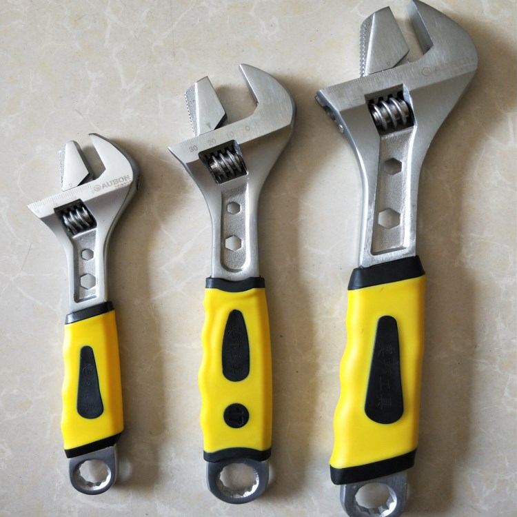 管钳活动扳手双色手柄带孔大开口管活两用扳手10寸12寸汽保修工具