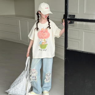 短袖 女童夏装 t恤衣服高端搭配精致ins穿搭简约超酷宽松上衣初中生