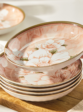 山茶花盘子菜盘家用高级感时尚陶瓷深盘餐具套装轻奢菜碗碟子餐盘