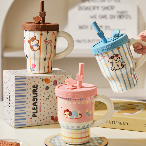 ins韩国高颜值带把手吸管杯陶瓷办公室咖啡牛奶早餐杯子女生水杯