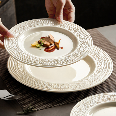 法式浮雕牛排餐盘西餐盘子高级感白色盘子家用菜盘陶瓷意面盘平盘
