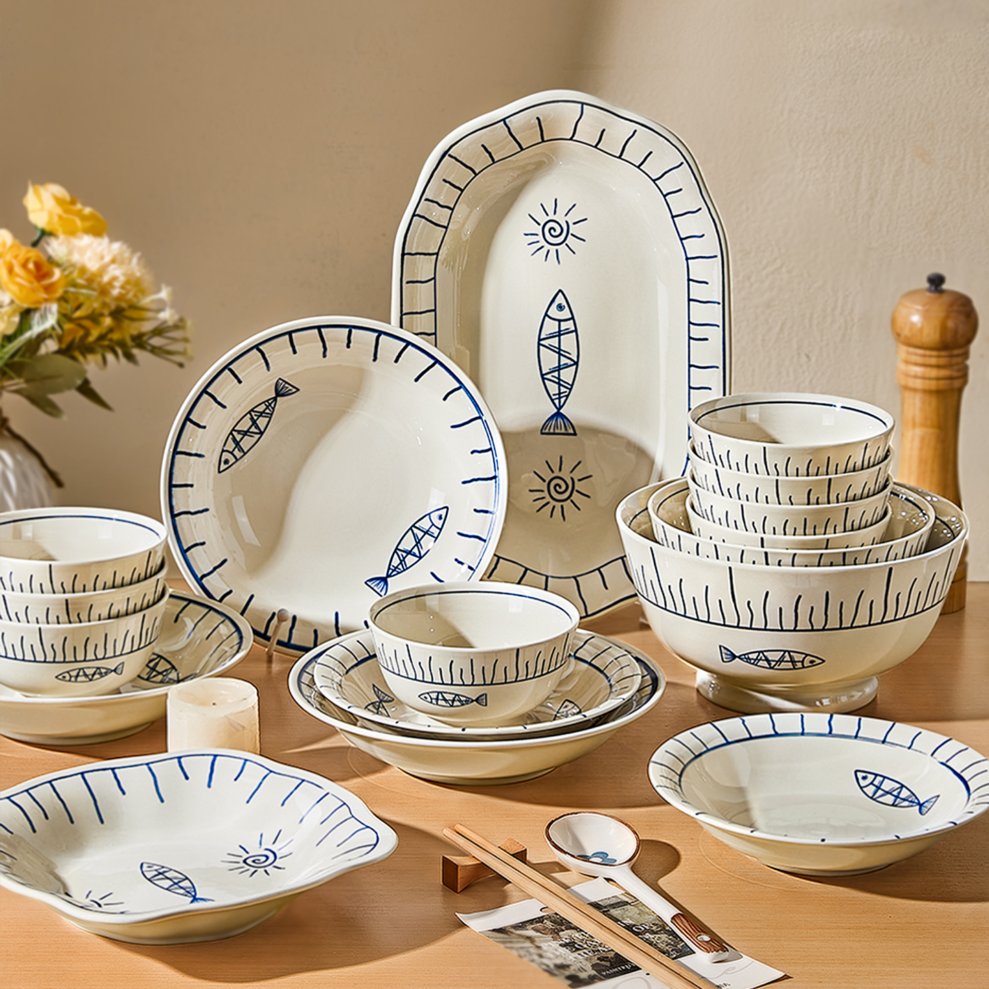 陶瓷饭碗家用2025新款日式吃饭碗高颜值大碗汤碗面碗鱼盘餐具