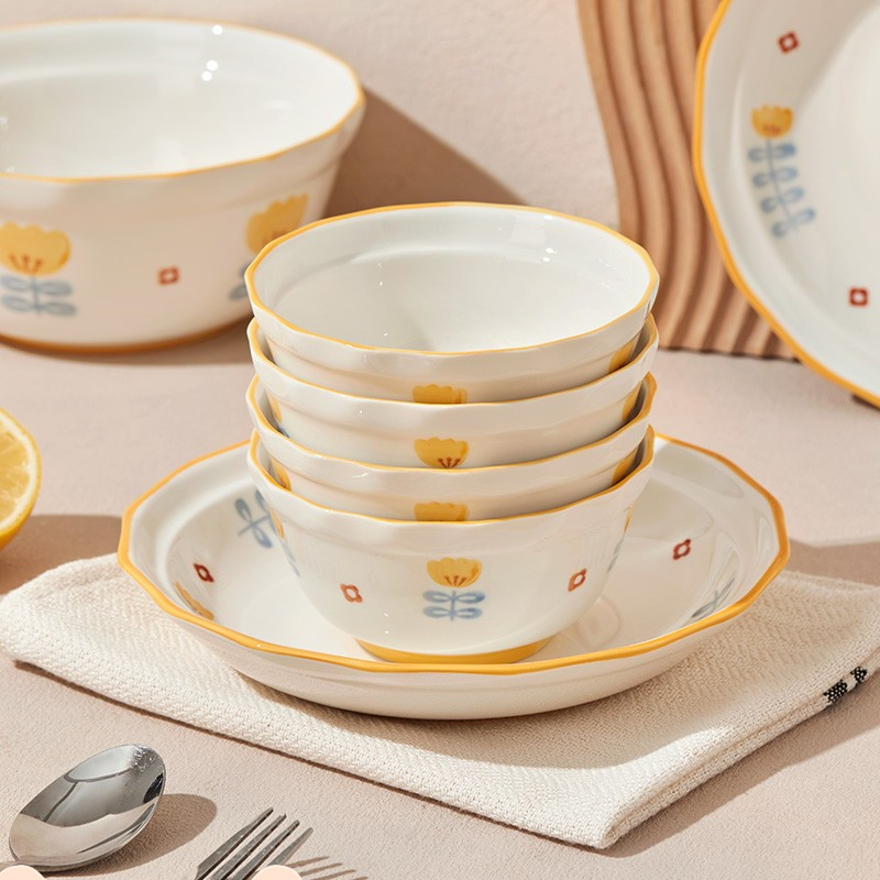 米饭碗家用陶瓷小碗5英寸2022新款高颜值饭面碗清新碗碟套装餐具