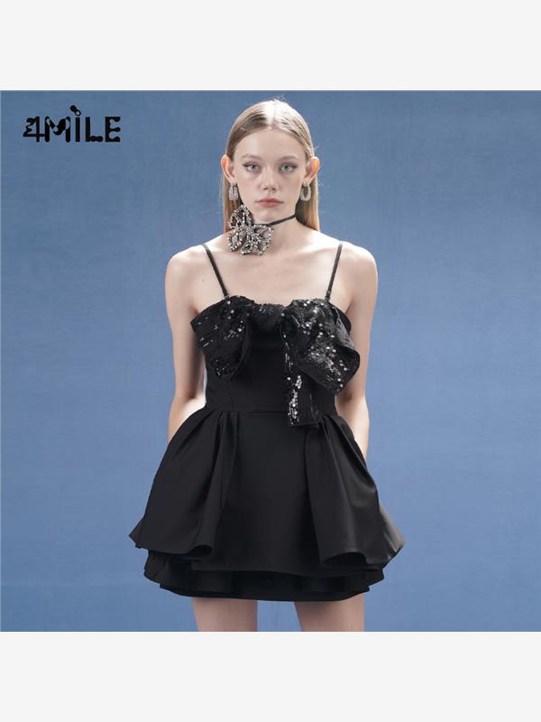 4MILE春夏新品 设计师款黑色亮片蝴蝶结抹胸吊带连衣裙蓬蓬裙