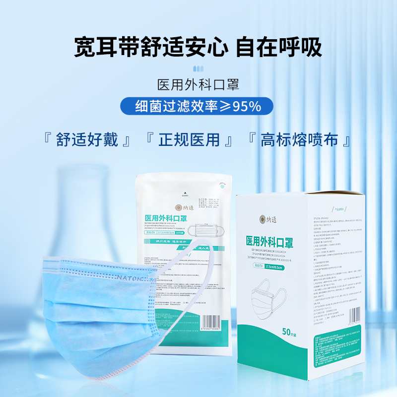 纳通医用外科口罩医疗一次性宽耳带灭菌级防护成人儿童包装蓝白色
