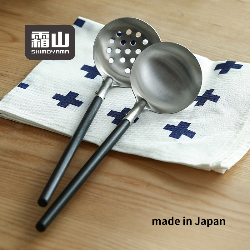 霜山304不锈钢汤勺漏勺日本进口家用木柄汤匙火锅关东煮长柄捞勺