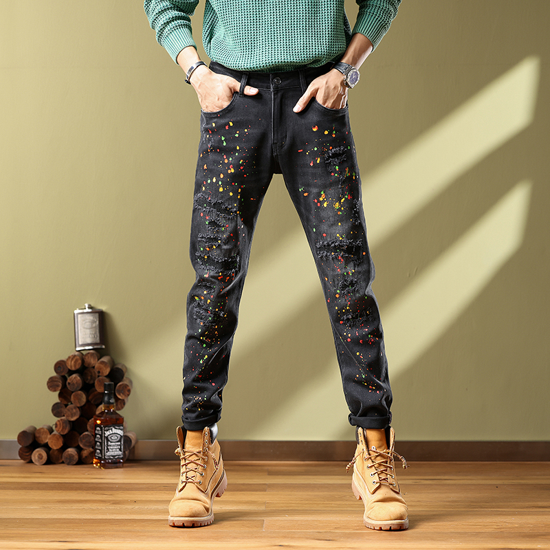 秋冬牛仔裤男士潮牌时尚修身小脚