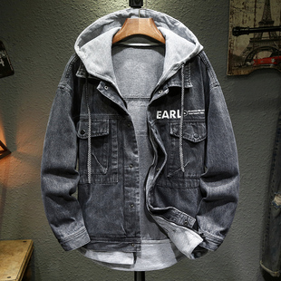 秋冬带帽牛仔夹克男款上衣百搭连帽外套衣服宽松工装假两件印花