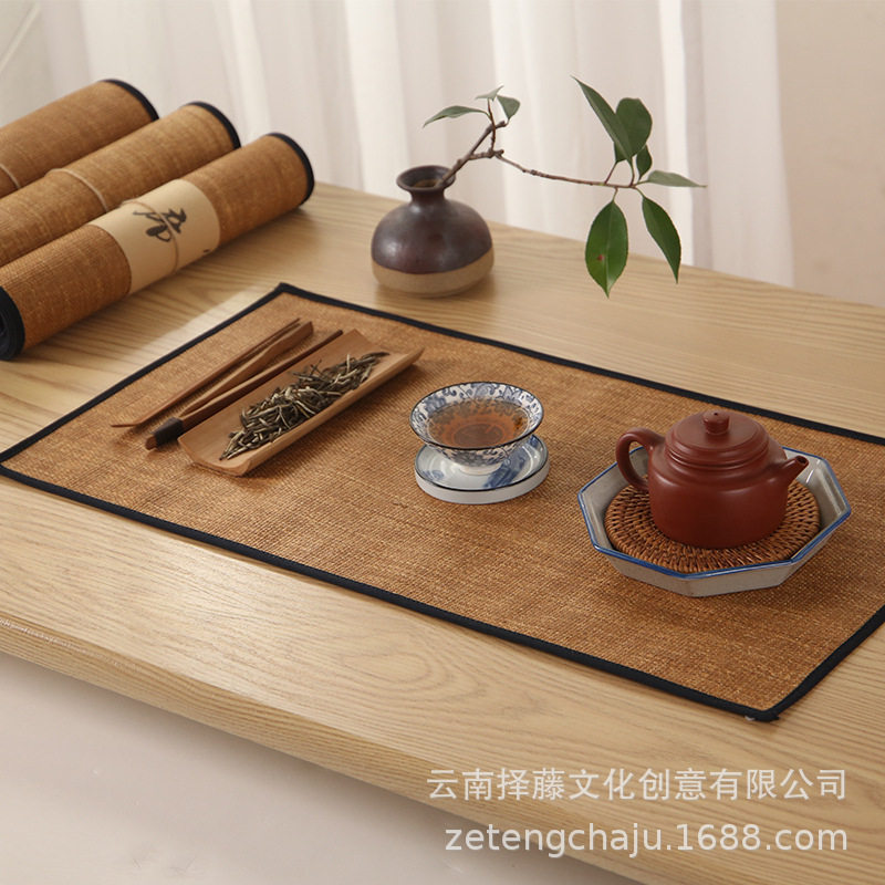 复古草编禅意防水茶席布艺桌旗干泡垫茶桌台布茶道茶垫茶具配件