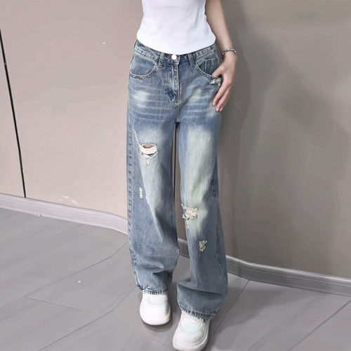 宽松显瘦水洗直筒拖地裤子蓝色美式高腰破洞阔腿牛仔裤女2026夏季