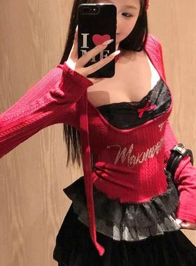 红色假两件蕾丝挂脖T恤女春夏甜辣妹内搭短款长袖上衣性感打底衫