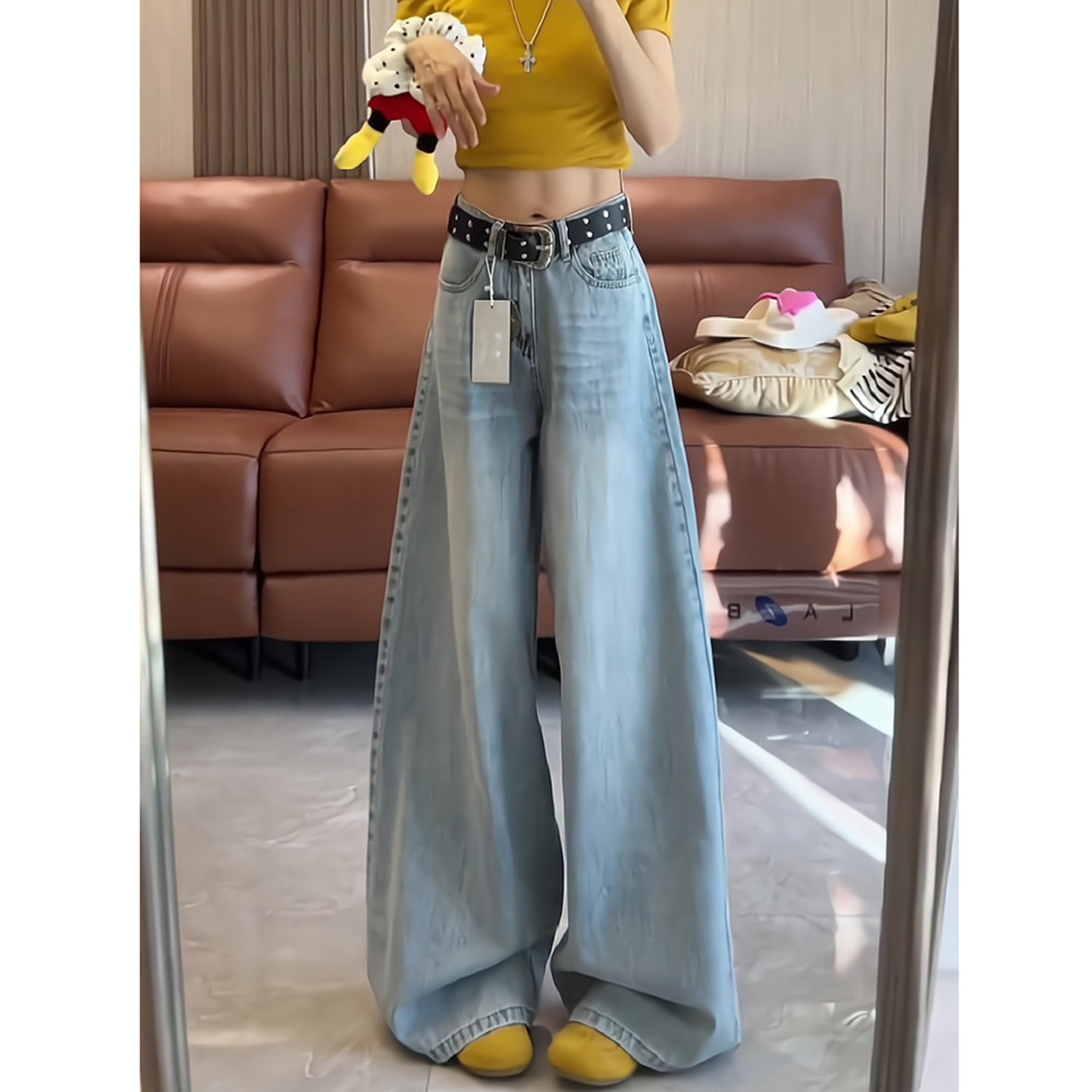 春夏薄款高腰水洗阔腿牛仔裤