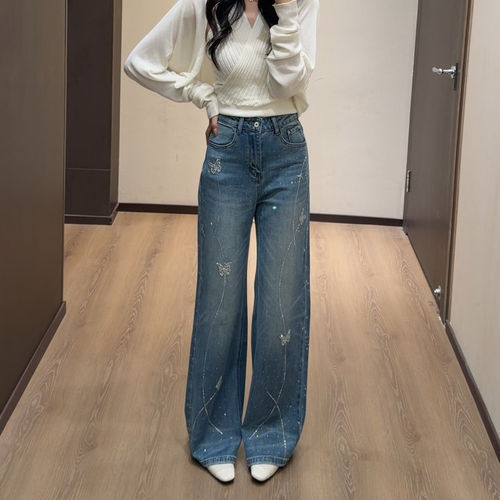 复古蓝色高腰显瘦微喇牛仔裤女