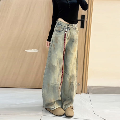 复古高街做旧阔腿牛仔裤女显瘦