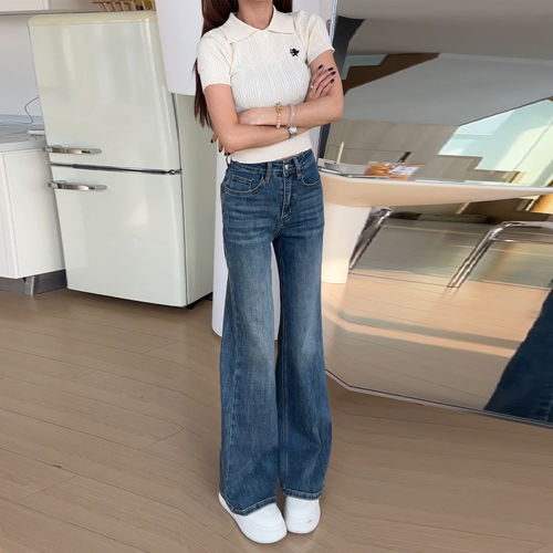 复古蓝高腰窄版直筒微喇牛仔裤女2026夏季新款大码百搭弯刀阔腿裤