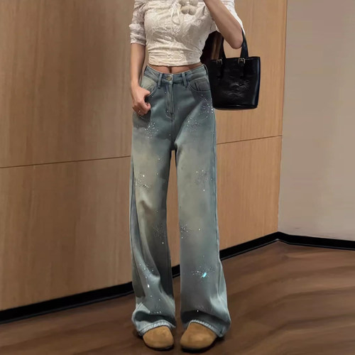 大码女烫钻高腰显瘦阔腿牛仔裤夏