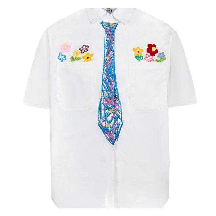 美式休闲蜡笔涂鸦短袖衬衫夏季半袖男款潮牌学院衬衣宽松情侣外套