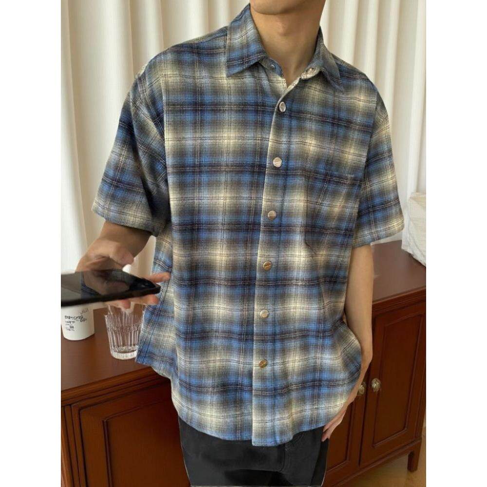 cleanfit穿搭蓝色格子短袖衬衫男女夏季美式潮牌叠穿情侣衬衣外套