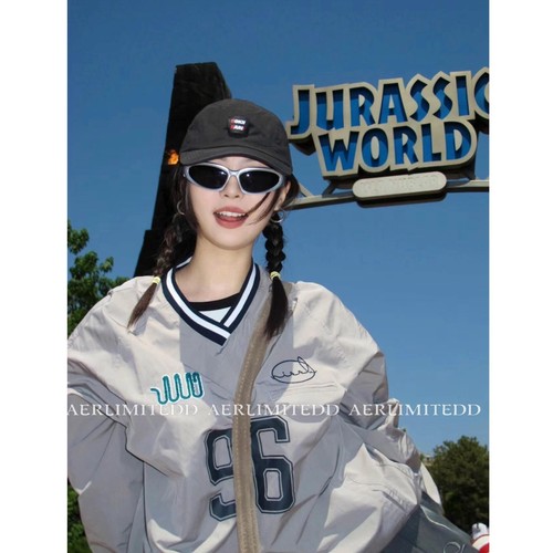 风衣面料NIEEH球衣j同款美式复古96宽松休闲运动薄款棒球服长袖女