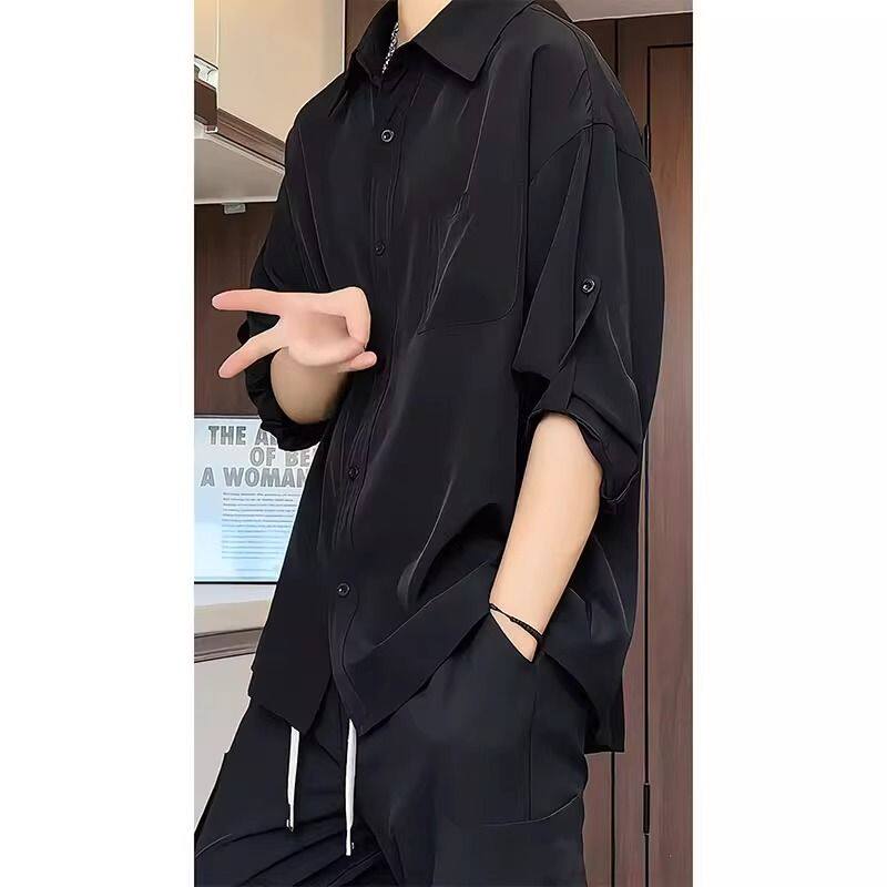 黑色冰丝短袖衬衫男夏季薄款高级感痞帅休闲衬衣美式垂感半袖衬衣