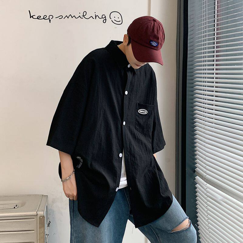 日系短袖衬衫外套男士夏季冰丝薄款痞帅工装休闲七分衬衣dk制服