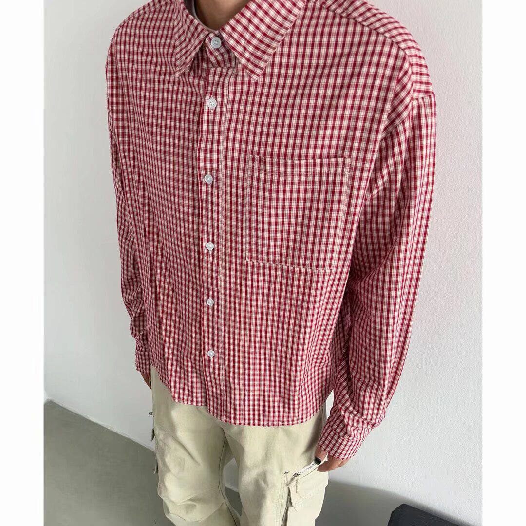 美式复古翻领格子衬衫男女长袖宽松拼接设计感衬衣2026春夏季外套