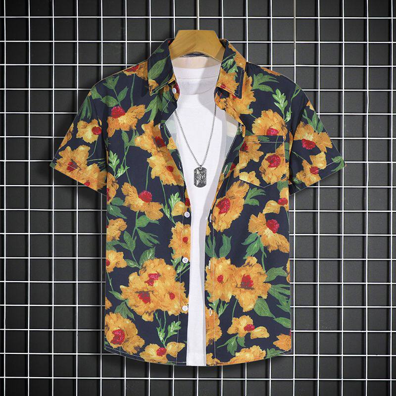 超值三件套休闲运动套装男宽松沙滩短裤大码植物花衬衫情侣班服潮