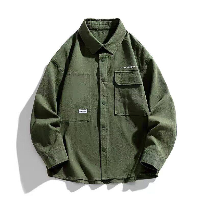 美式工装长袖衬衫男潮牌春秋休闲宽松加肥加大码衬衣男士百搭外套