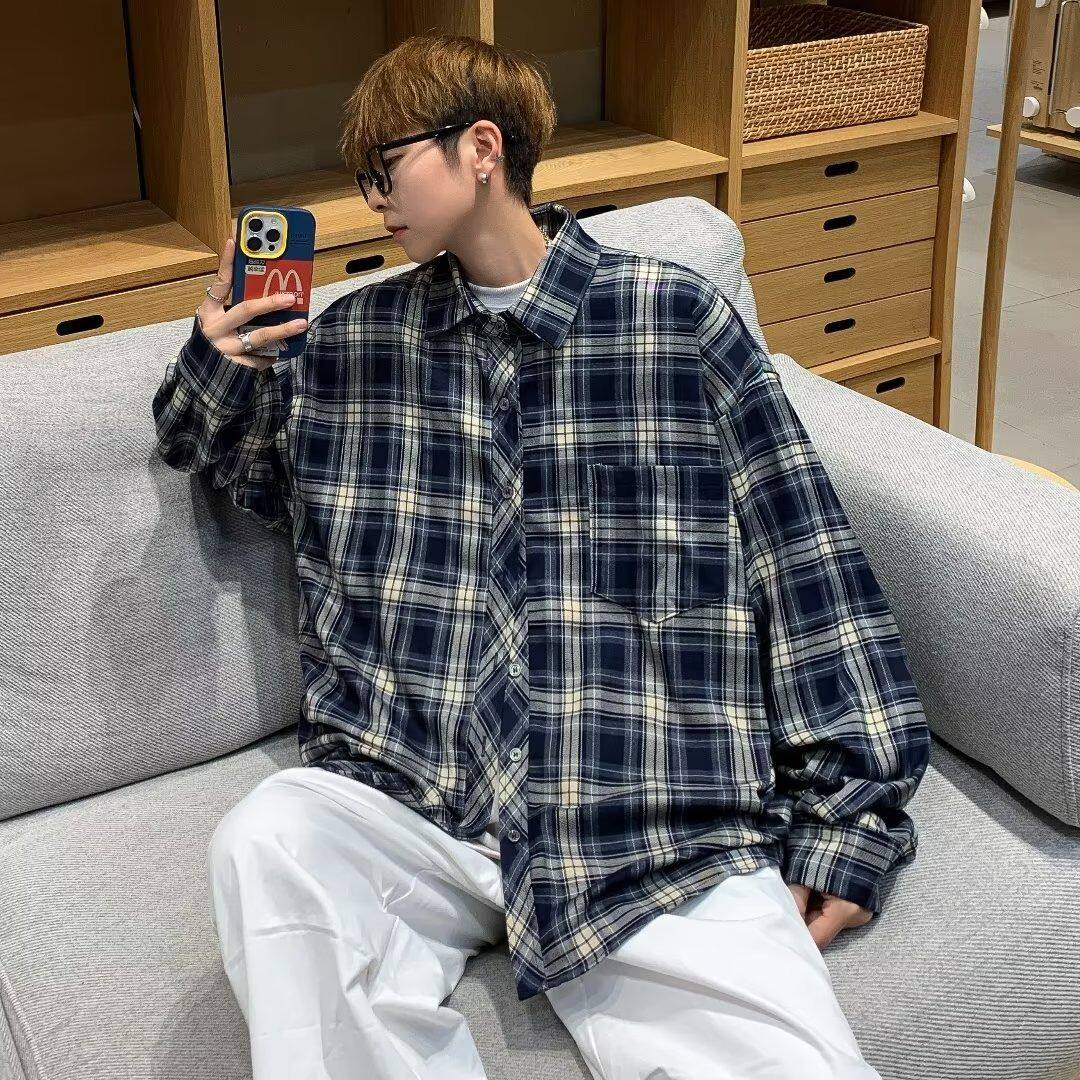 秋季港风格子衬衫男痞帅高级感长袖衬衣潮流潮牌日系内搭薄款外套