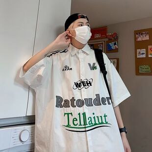 欧款美式街头字母印花短袖衬衫男复古嘻哈宽松bf休闲涤纶小众衬衣