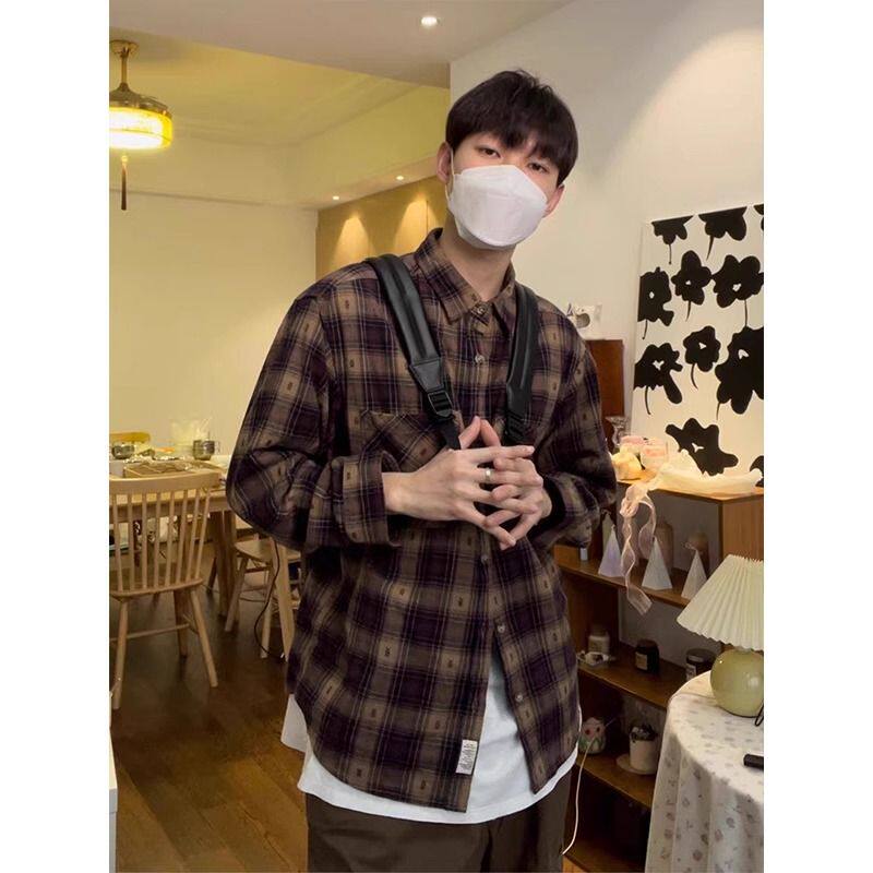 日系复古vintage格纹衬衫男春秋季重磅潮牌宽松情侣长袖衬衣外套