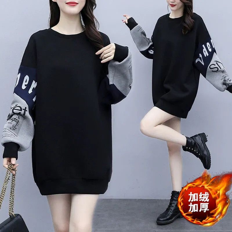 牛奶丝复合贝贝绒秋冬加绒中长款圆领长袖保暖修身型宽松卫衣潮