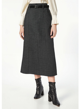 EF法式通勤风半身裙2025冬季新款显瘦腰带设计百搭直筒长裙