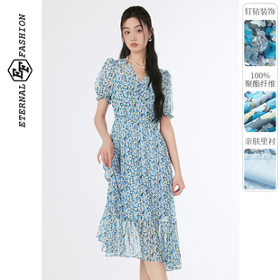 EF法式优雅气质收腰中长裙女夏季新款V领泡泡袖碎花连衣裙