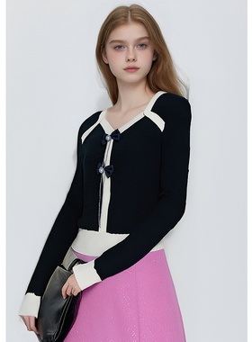 EF复古撞色V领针织开衫2025秋季新款蝴蝶结扣显瘦长袖短款上衣