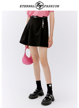 EF设计感高腰压褶半身裙新款气质通勤百搭黑色A字短裙