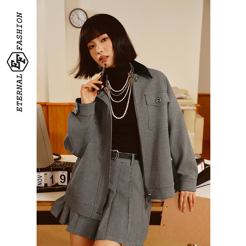 EF设计感复古时尚撞色翻领长袖上衣秋冬季新款口袋设计外套女