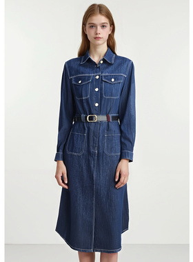 EF复古翻领牛仔连衣裙2025秋季新款排扣双口袋腰带通勤休闲中长裙