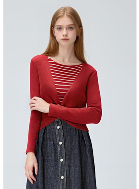 EF【商场同款】安克拉红圆领显瘦毛衫2025秋冬条纹气质针织衫女