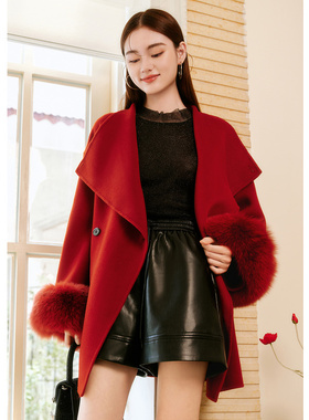 EF【商场同款】绵羊毛100%复古收腰外套2025冬季新款双面呢大衣女