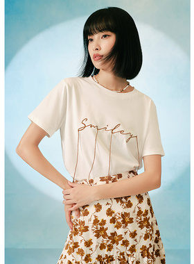 EF简约字母刺绣设计感短袖T恤女2025秋季新款时尚百搭圆领上衣