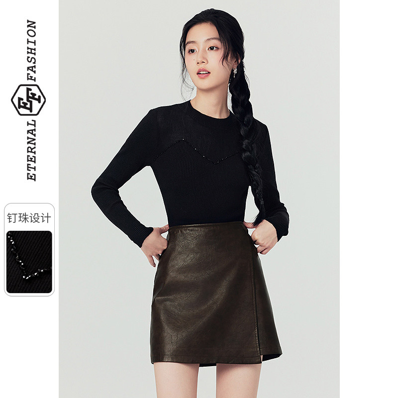 EF黑色立领针织打底衫女秋冬季新款时尚钉珠弹力修身内搭上衣