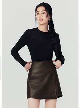 EF黑色立领针织打底衫女秋冬季新款时尚钉珠弹力修身内搭上衣