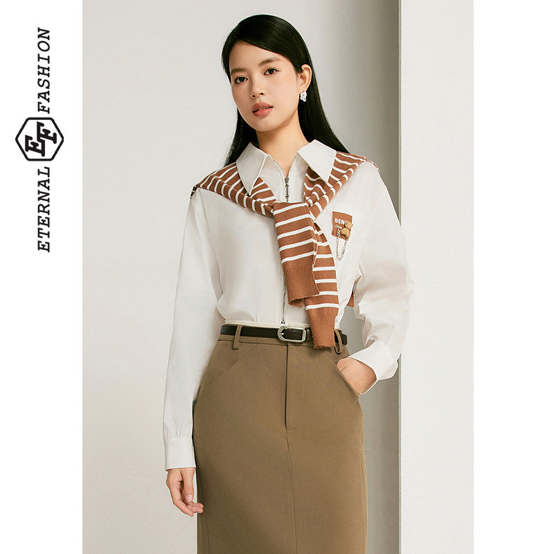 EF休闲时尚条纹披肩装饰衬衫2025春季新款拉链休闲衬衣纯色上衣,女装/女士精品,衬衫,淘宝优惠券,粉丝福利购,淘宝优惠卷